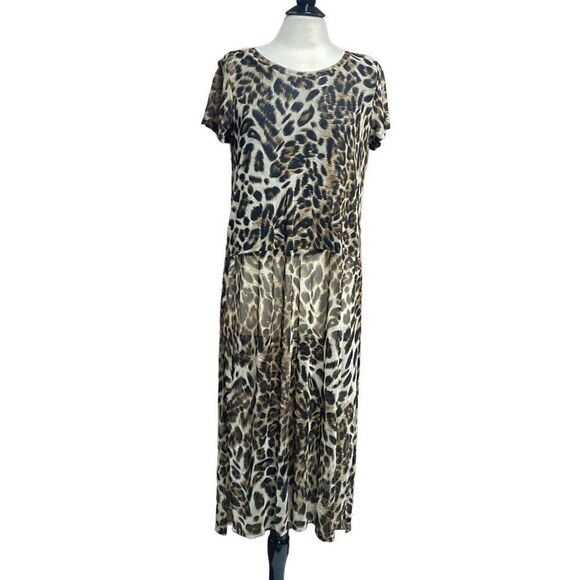 Cha Cha Vente Cheetah Short Sleeve Sheer Tunic Top Size Large NEW - Picture 1 of 9